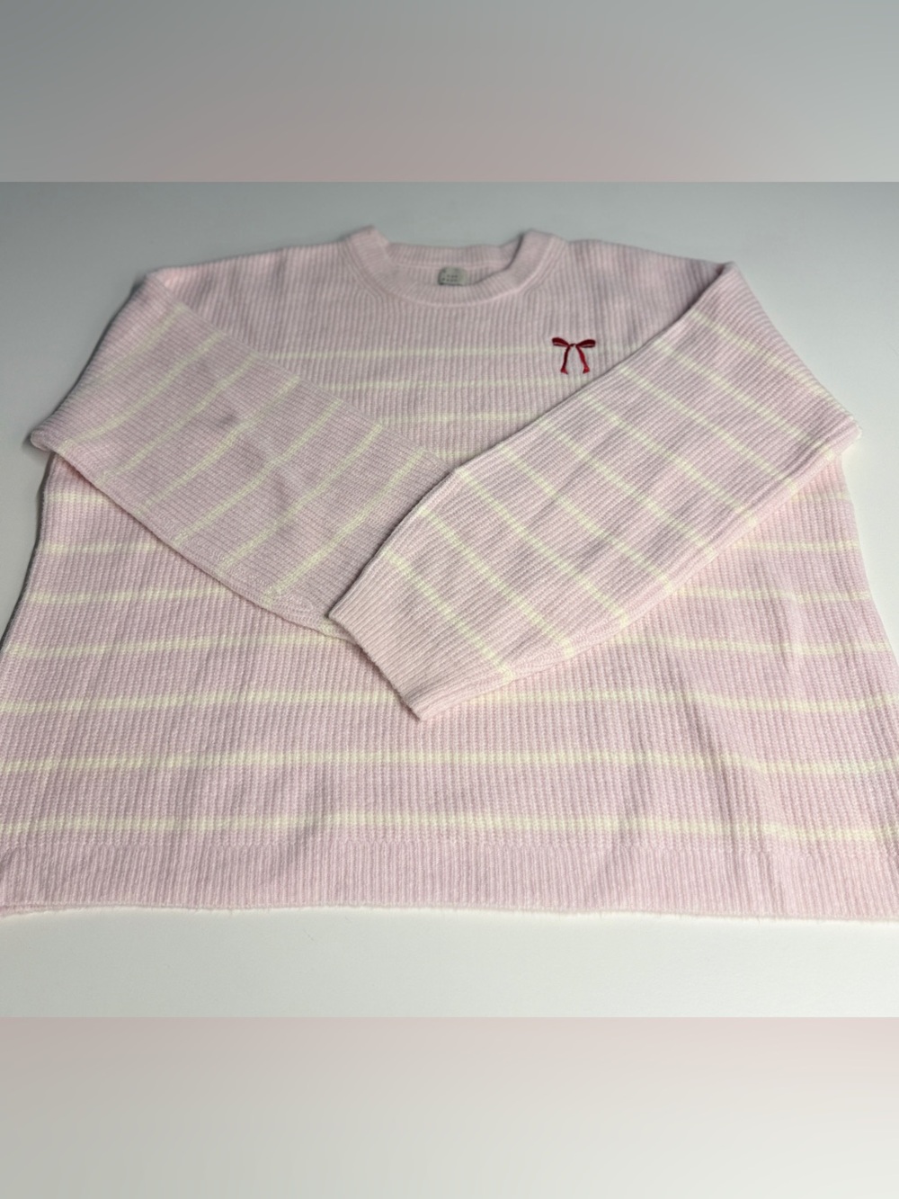 a new day Light Pink and Cream Striped Crewneck Sweater with Red Bow - Picture 1 of 6